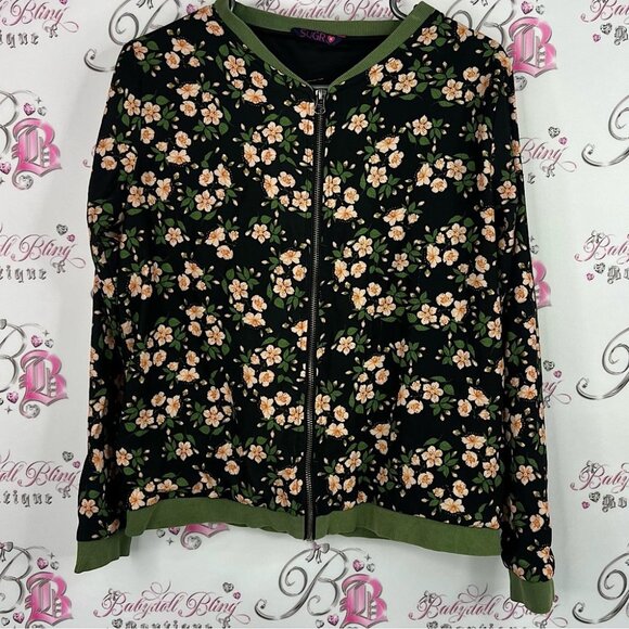 Sugr jacket floral zip up flowers lightweight sweater Green Floral Bomber Jacket - Picture 1 of 7
